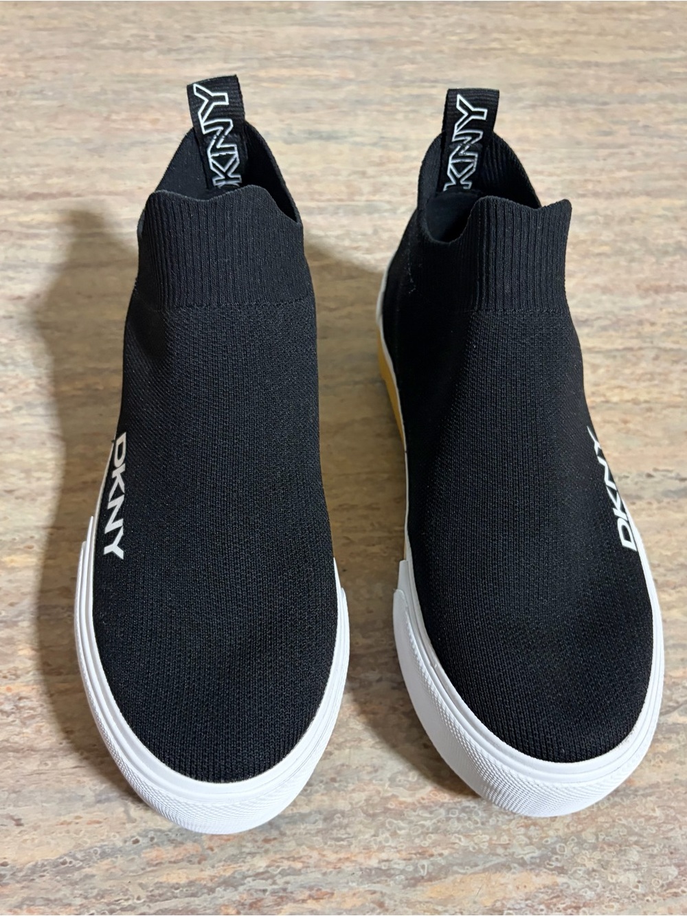 DKNY Black Slip-On Knit Sock Sneakers with White Sole